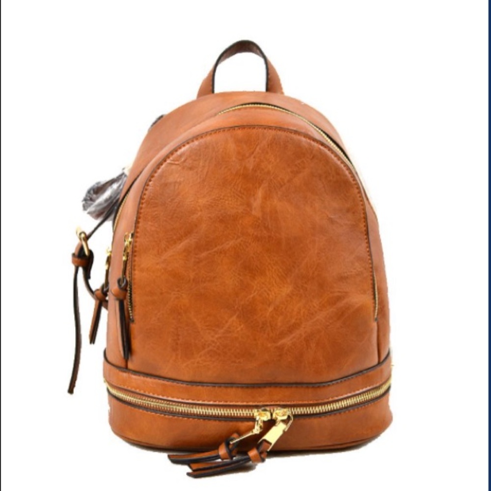 Brown Faux Leather 3 Zipper Backpack